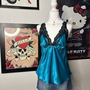 Blue Satin Lace Cami Top
